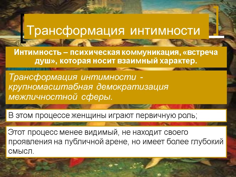 В этом процессе женщины играют первичную роль; Трансформация интимности - крупномасштабная демократизация межличностной сферы. В этом процессе женщины играют первичную роль; Трансформация интимности - крупномасштабная демократизация межличностной сферы.